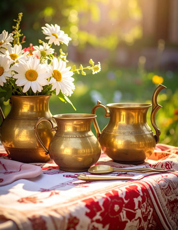 Vintage brass teapot and jug on a table in the gardenの素材