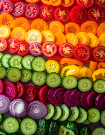 Sliced vegetables background. Tomato, cucumber, onion.の素材