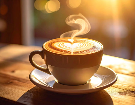 Coffee cup on wooden table in coffee shop at morning lightの素材