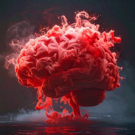 Brain with red paint splashes on black background. 3d renderingの素材
