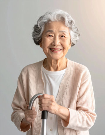 asian senior woman with walking stick on gray background, asianの素材