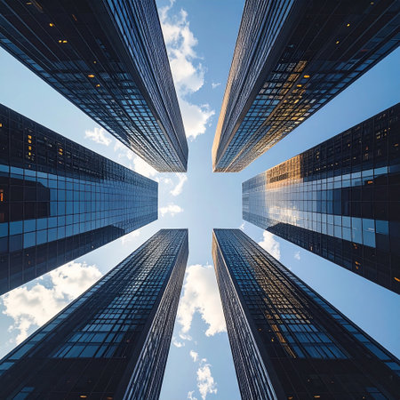 Low angle view of modern skyscrapers in business district with blue sky backgroundの素材