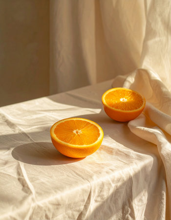 Slices of fresh orange on a white tablecloth in sunlightの素材