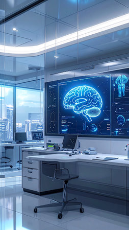 3d render of science and technology concept: brain on display in laboratoryの素材