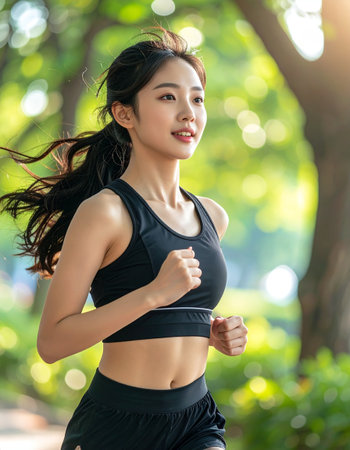 Beautiful asian woman jogging in the park. Healthy lifestyle concept.の素材
