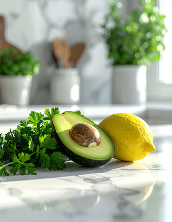 Fresh avocado with lemon and parsley on kitchen table. Healthy foodの素材