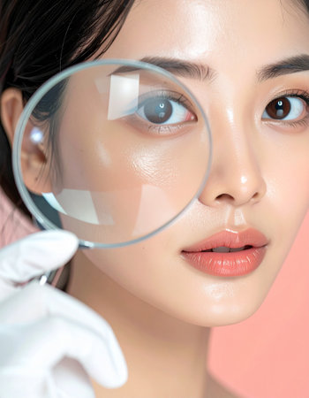 Beautiful asian woman face with magnifying glass. Skin care concept.の素材