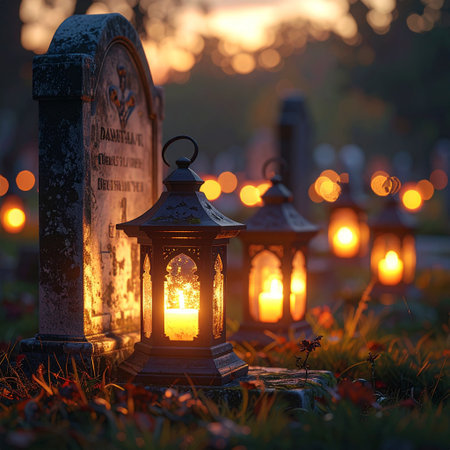 Old cemetery at sunset with lanterns and candles in the foreground.の素材