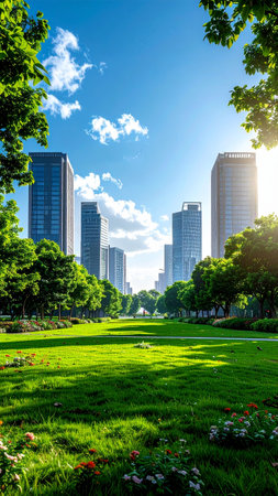 Green park with modern buildings and skyscrapers in Beijing, Chinaの素材