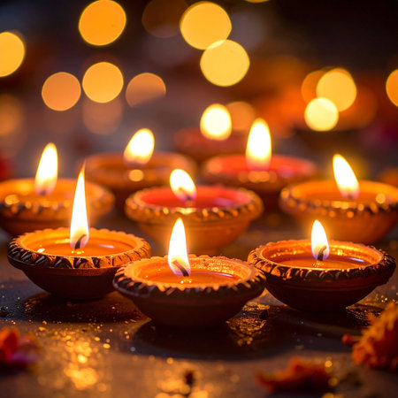 Happy Diwali - Clay Diya lamps lit during Diwali celebration.の素材