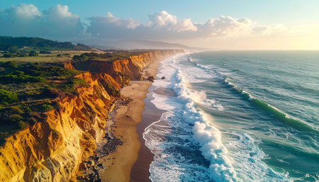 Aerial view of cliffs and ocean waves at sunset, Great Ocean Road, Australiaの素材