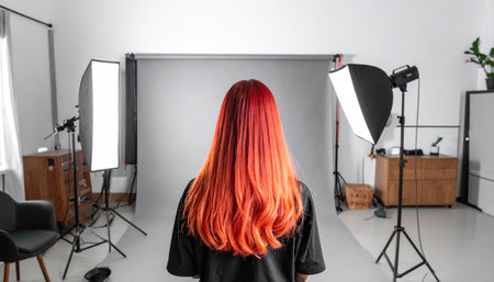 back view of red haired photographer with professional equipment in photo studioの素材
