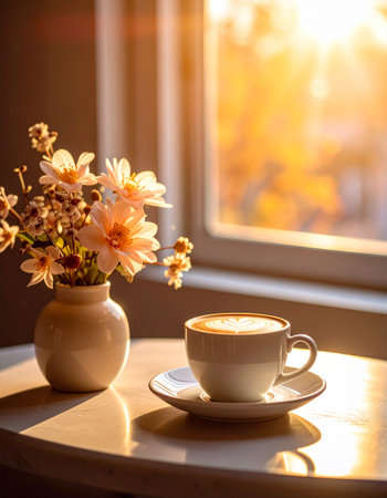 Cup of coffee on the table near the window with a bouquet of flowersの素材