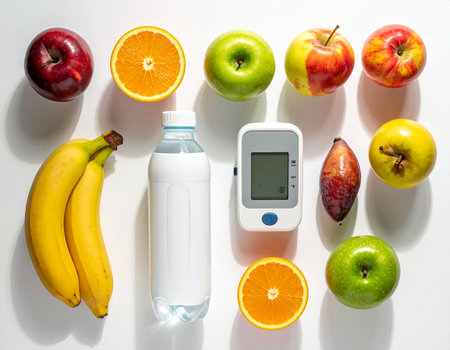 Glucose meter, fresh fruits and bottle of water on white backgroundの素材