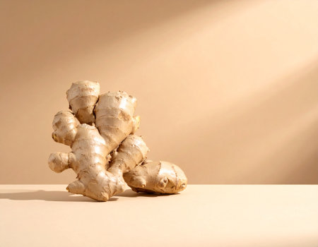Ginger root on a beige background. Healthy food concept.の素材