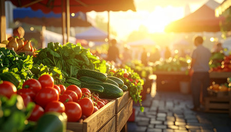 Fresh vegetableset stall in sunny day, closeup. Harvest timeの素材
