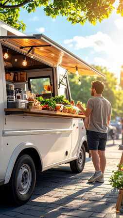 Food truck. Side view of handsome young man looking at his food truck while standing outdoorsの素材