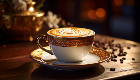 Coffee cup with latte art on wooden table in coffee shopの素材
