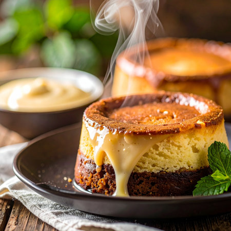 Cottage cheese casserole with caramel and mint on a wooden backgroundの素材