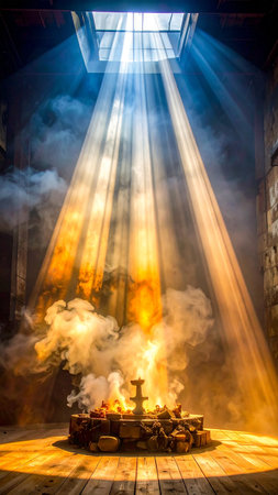 Interior of an old church with a lot of smoke coming outの素材