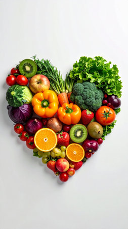 Heart shape made of fresh fruits and vegetables. Healthy food concept.の素材