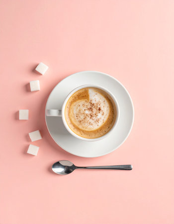 Cup of cappuccino with sugar cubes on pink backgroundの素材