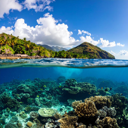 Underwater view of tropical coral reef with fishes, coral reef and blue skyの素材