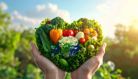Human hands holding fresh vegetables in the shape of a heart on the background of nature.の素材