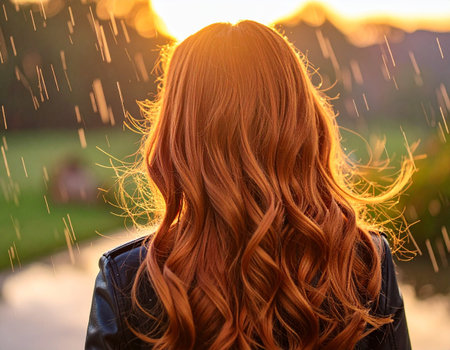 Back view of young woman with long red hair in the rain.の素材