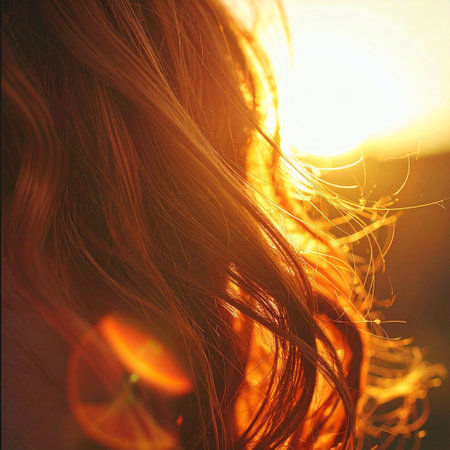 Beautiful girl with long hair on sunset background. Close-upの素材