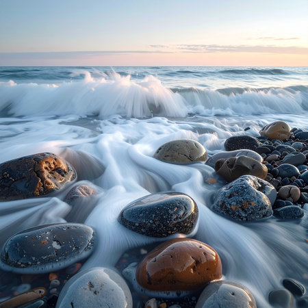 Beautiful seascape with pebbles on the beach.の素材