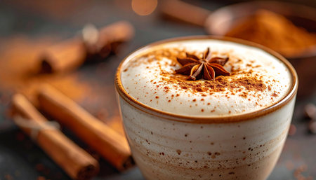 Cappuccino with cinnamon and star anise on dark backgroundの素材