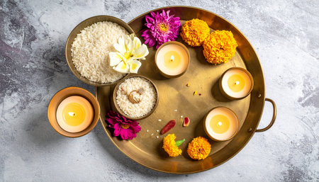 Rice bowl with incense, flowers and candles on stone backgroundの素材