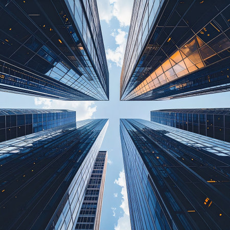 Low angle view of skyscrapers in business district with blue skyの素材
