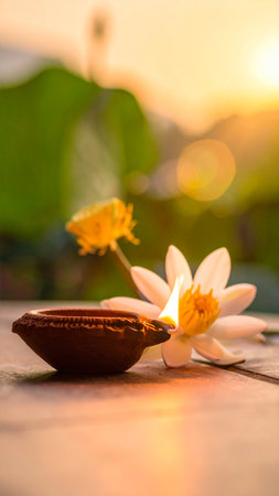 Close up of lotus flower and candle on wooden table with blurred backgroundの素材