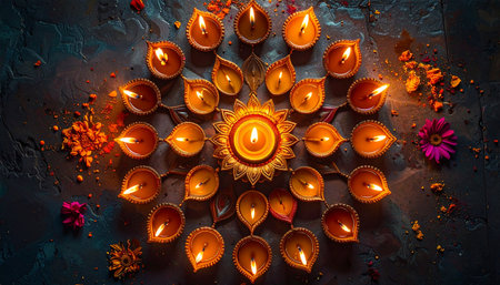 Happy Diwali - Clay Diya lamps lit during Dipavali, Hindu festival of lights celebration.の素材
