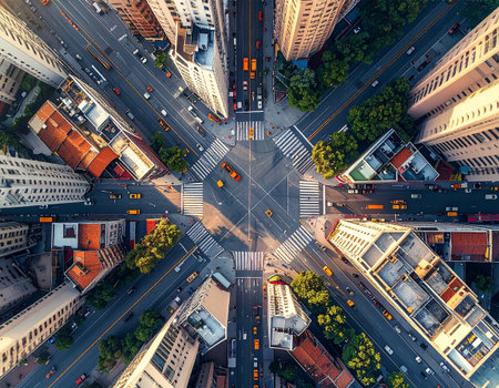Aerial city view with crossroads and roads, houses, buildings, parks and parking lots, bridges. Copter shot. Panoramic image.の素材