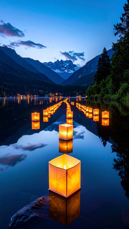 Lanterns on a lake at night in the Alps.の素材