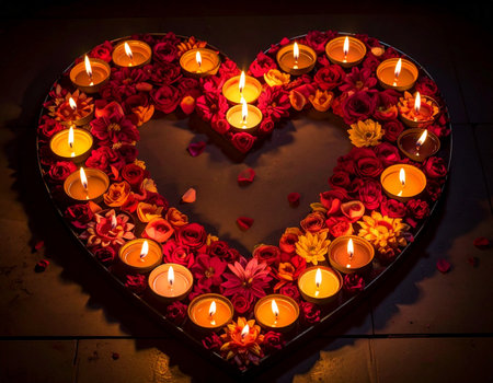 Burning candles in the shape of a heart on Valentine's Dayの素材