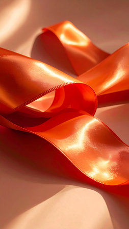 Red and orange satin ribbons on a light background, close upの素材