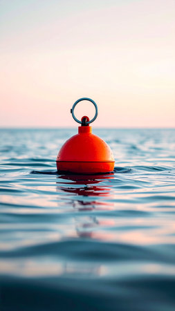 Orange buoy floating in the sea at sunset. Conceptual image.の素材