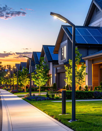 Sunset view of a row of modern houses with solar panels.の素材