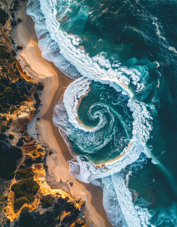 Aerial view of ocean waves crashing onto the sandy beach in South Australiaの素材