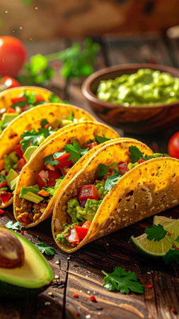 Mexican tacos with guacamole, avocado and tomatoes on wooden backgroundの素材