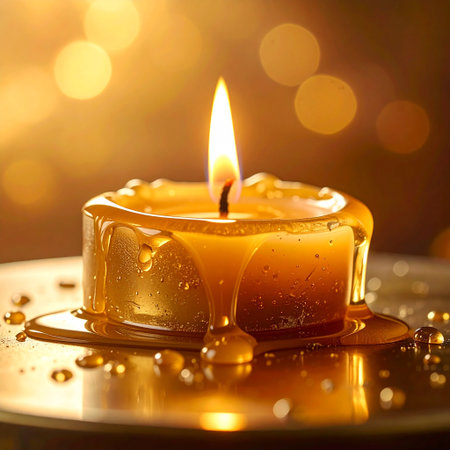 Burning candle with drops of water on blurred background, closeupの素材