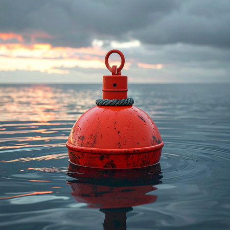 Red buoy on the sea at sunset. 3d render illustration.の素材