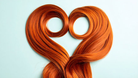 Heart shaped hair extensions on blue background. Top view. Copy space.の素材