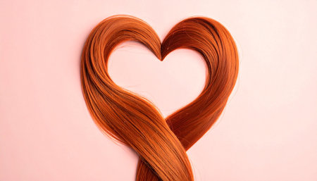 Red hair in the shape of a heart on a pink background.の素材