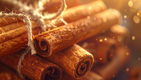 Cinnamon sticks tied with twine, close-up, shallow depth of fieldの素材