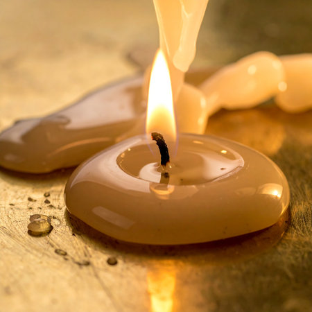 Candle with water drops on a wooden background. Selective focus.の素材